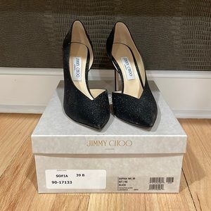 Jimmy Choo Sofia 100 pump black fire glitter leather heels size 39